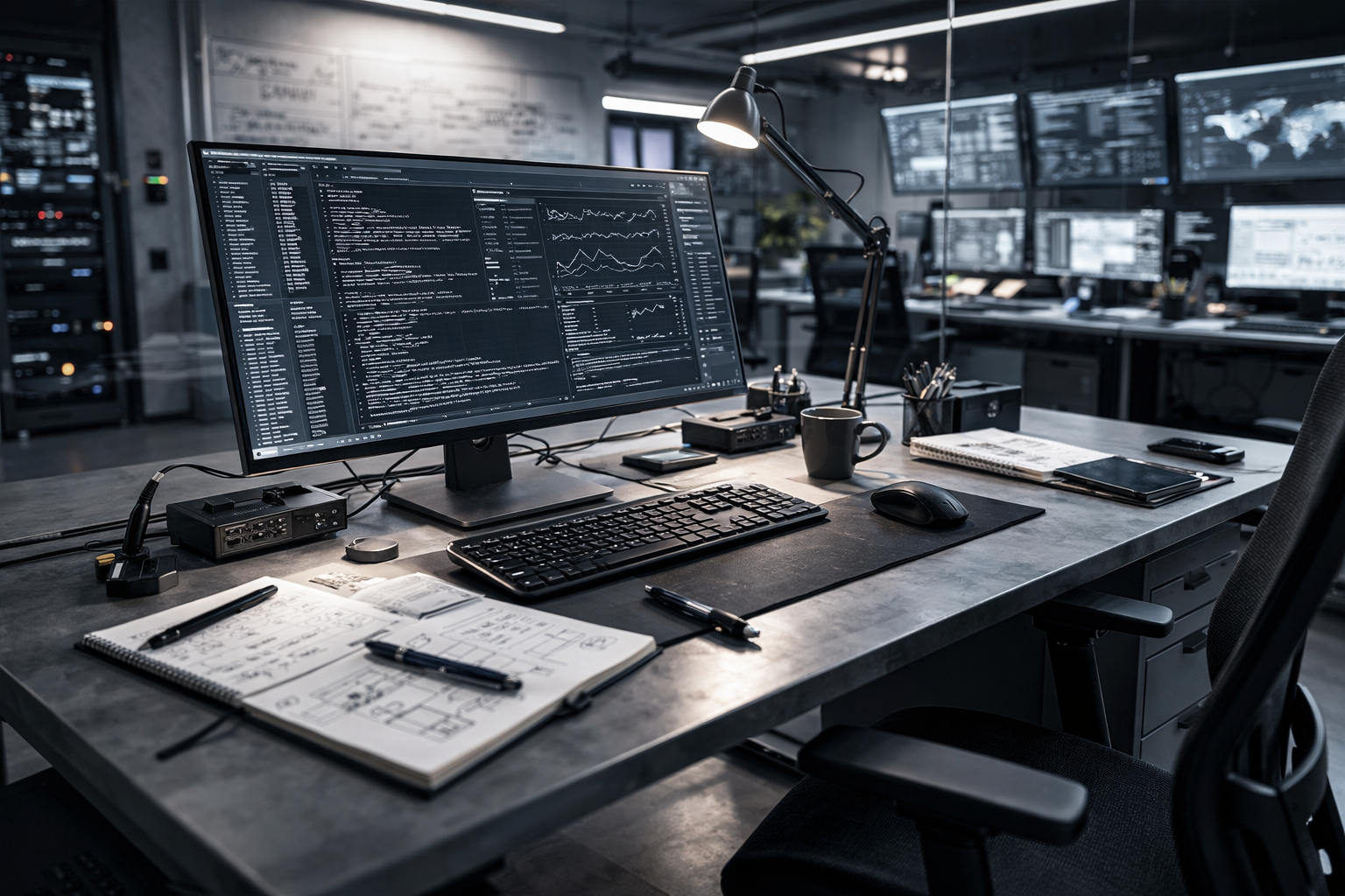 Desaturated technical desk with terminal interface and engineering notes