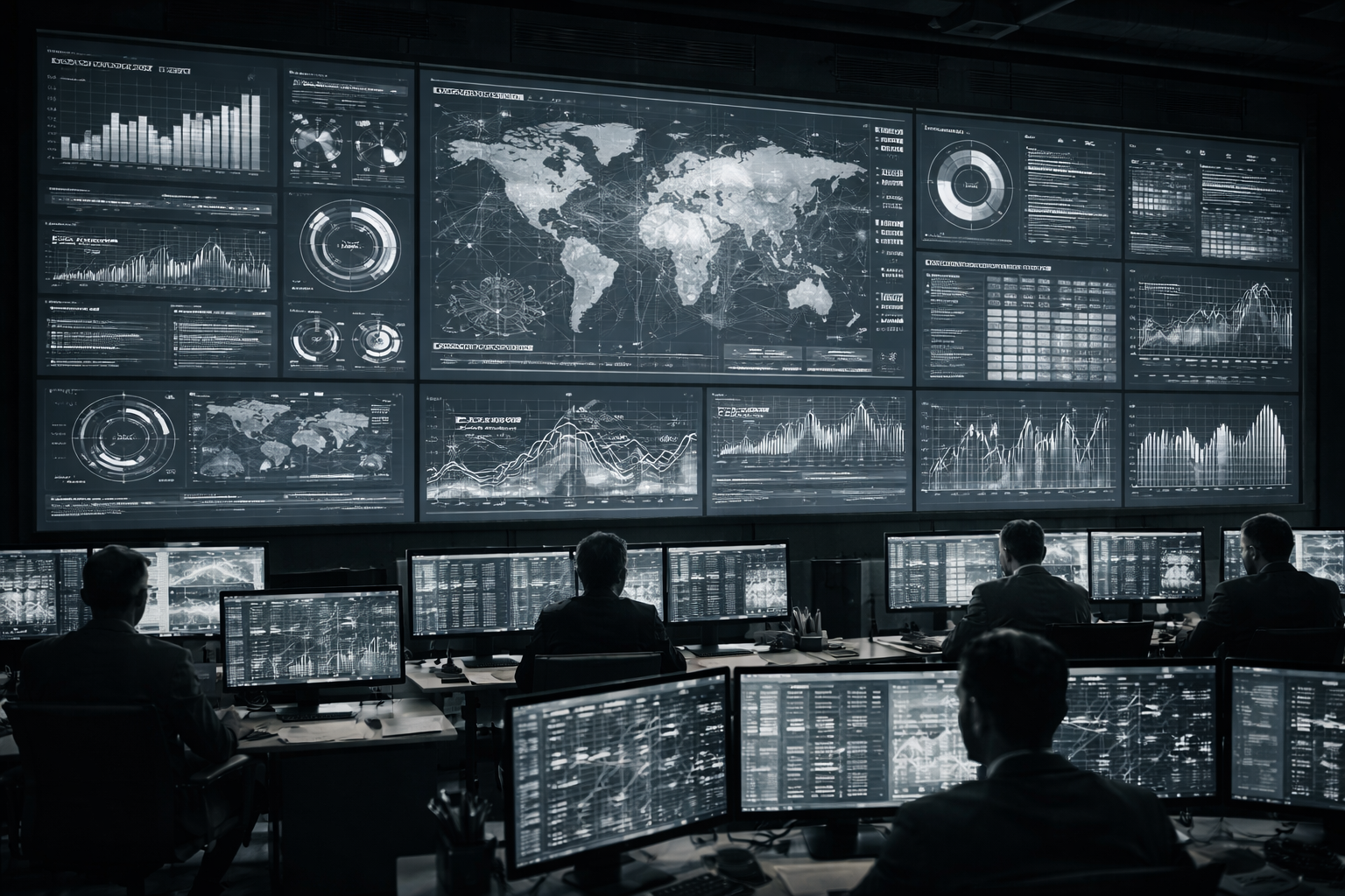 Desaturated archive wall showing engineering documents and plans